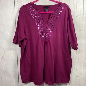 Lane Bryant Sequin Embellished Berry Cotton Top 14/16 Plus Boho Casual Feminine